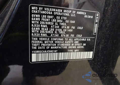 2018 Volkswagen Atlas 3.6L V6 Sel from USA, damaged, VIN 1V2RR2CA9JC562197